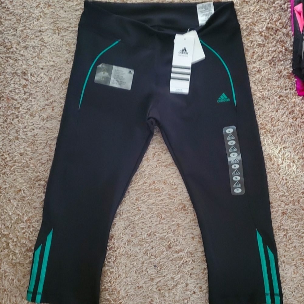 NEW NWT Adidas 3/4 Capri Tights Sz S/M Green Stripe, Quick Dry